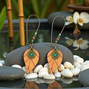 Rustic Boho Chic Wooden Leaf Earrings with Copper Beads & Turquoise Charm